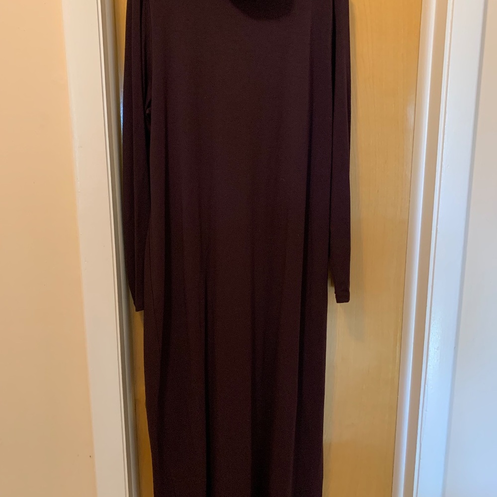 Port wine colored sheath with a mock turtle neck.